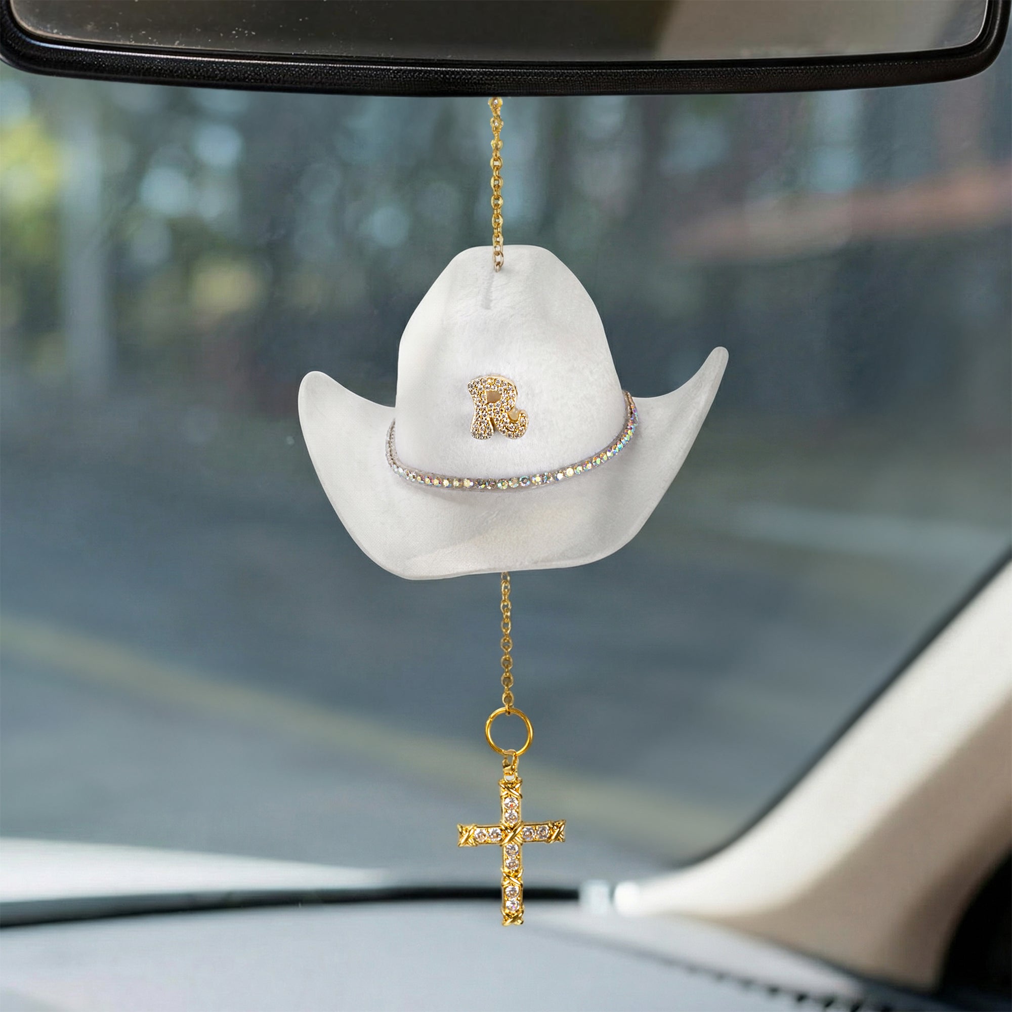Personalizada Sombrero de Vaquero Circón Inicial Virgen María Cruz Coche Charm Espejo Retrovisor Decoración Comunión Bautizo Regalo religioso para los conductores cristianos