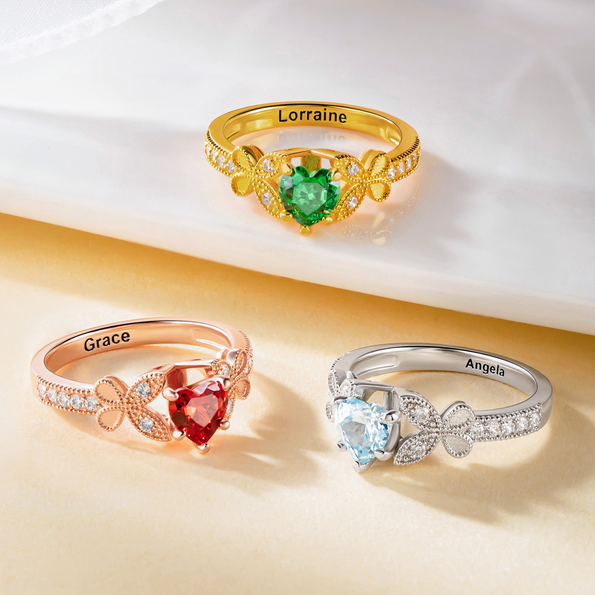 Personalizado Mariposa Corazón Birthstone Anillo con Nombre Joyería Daily Wear Cumpleaños Memorial Navidad Regalo para Amigos Niñas