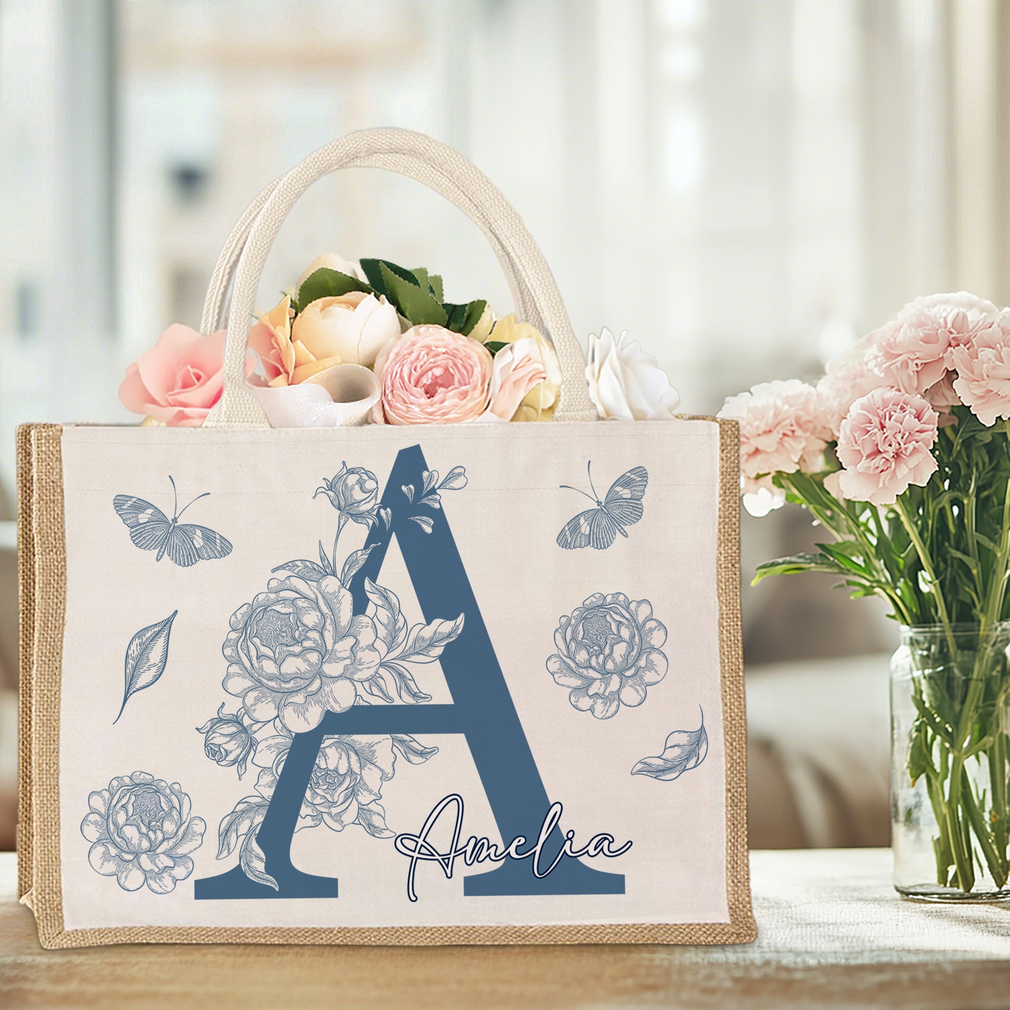 Personalizada Mariposa Floral Inicial Grande Bolsa de Yute con Nombre Accesorios de Viaje Fiesta de Boda Regalo de Cumpleaños para Damas de Honor