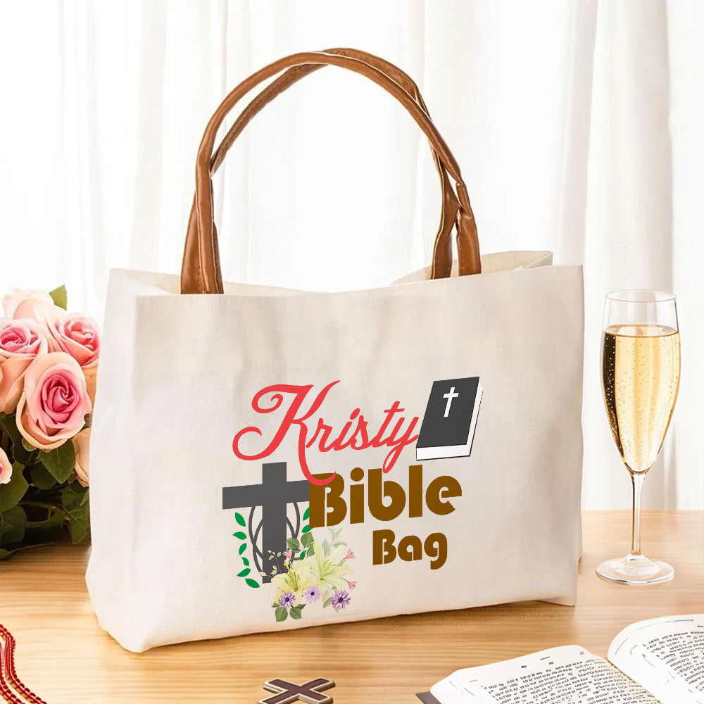 Bolsa de lona grande con nombre y asa de piel Accesorios de viaje Ceremonias religiosas Regalo para mujeres Cristianas