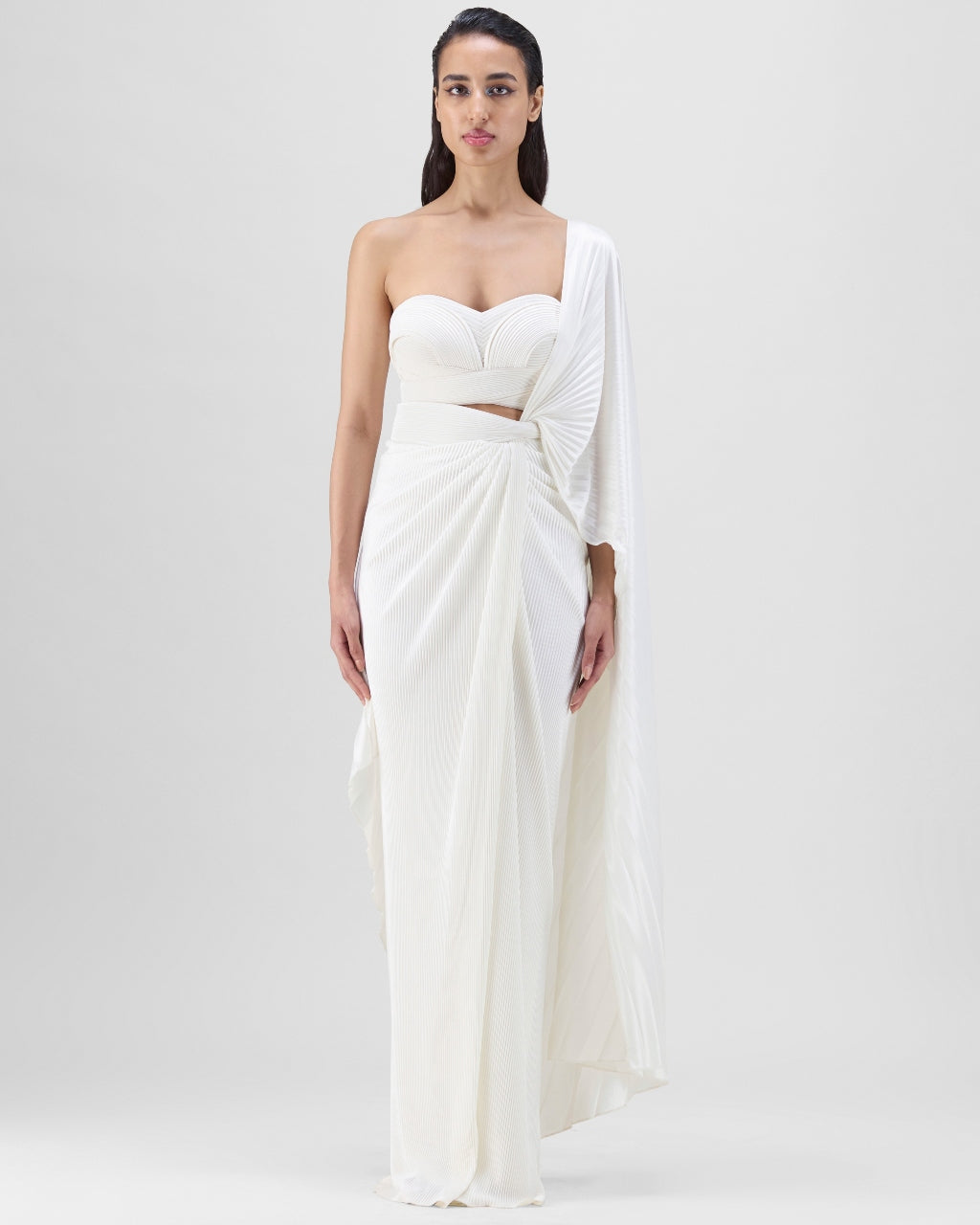 Ivory Structured Blouse With Drape Skirt Set By KYNAH, Luxury Indian Fashion & Bridal Wear