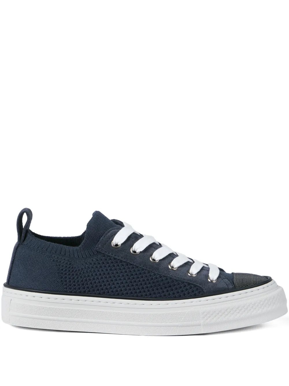 Brunello Cucinelli Knit Suede-Panel Sneaker — Navy