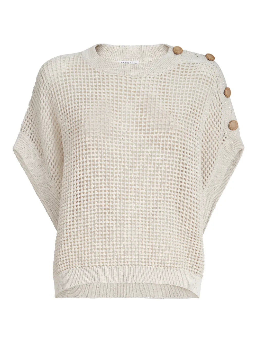 Brunello Cucinelli Open-Knit with Shoulder Buttons Sweater — Beige