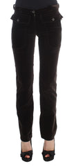 Women's Brown Cotton Velvet Zippers Slim Fit Pants