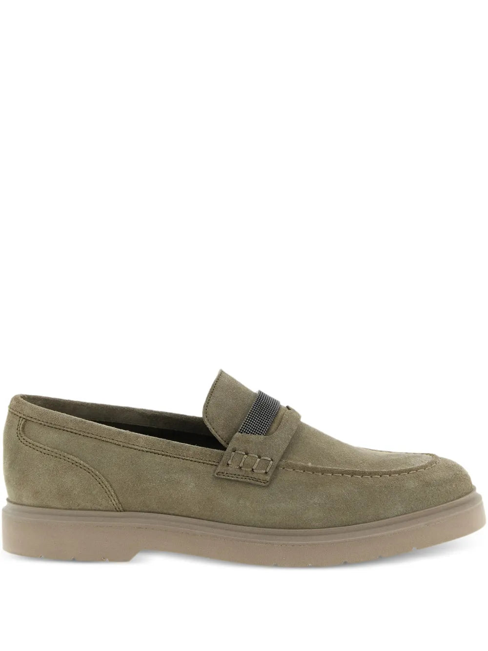 Brunello Cucinelli Monili-Detail Suede Loafer — Khaki