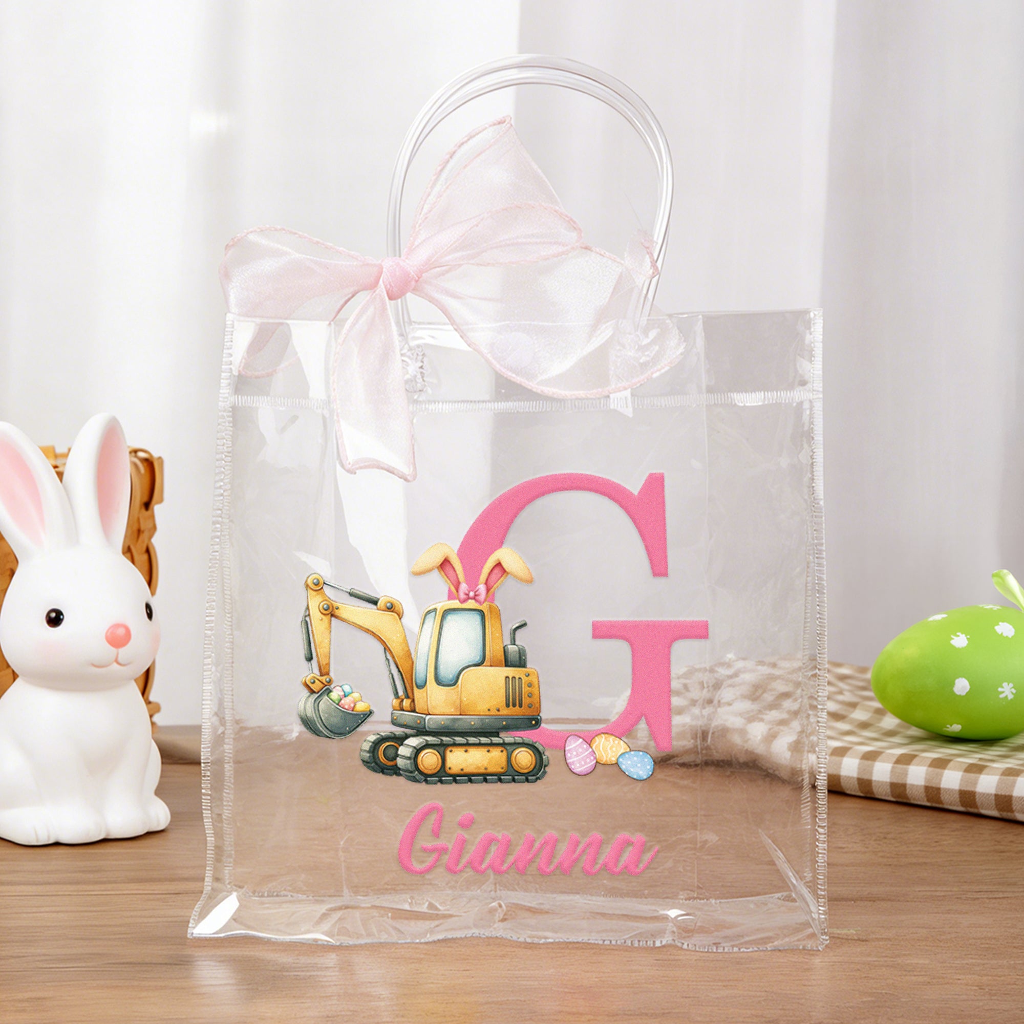 Personalizada Cute Bunny Ears Excavadora Inicial Bolsa de Regalo transparente con el nombre de Pascua Holiday Party Favors Regalo para Niños Niñas