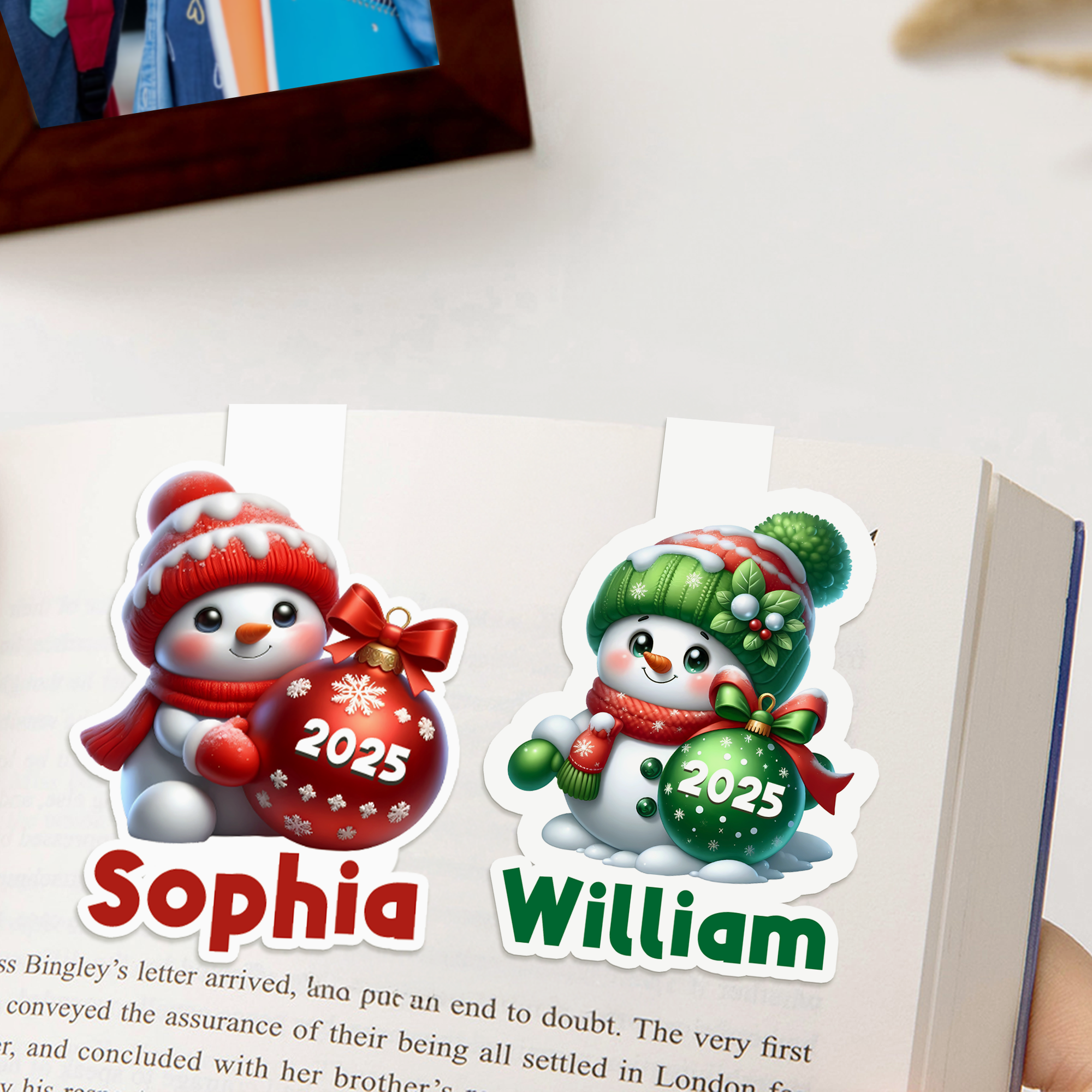 Marcapáginas magnético personalizado con nombre y año Muñeco de nieve Material de lectura Regalo de Navidad para los amantes de los libros Ratones de biblioteca