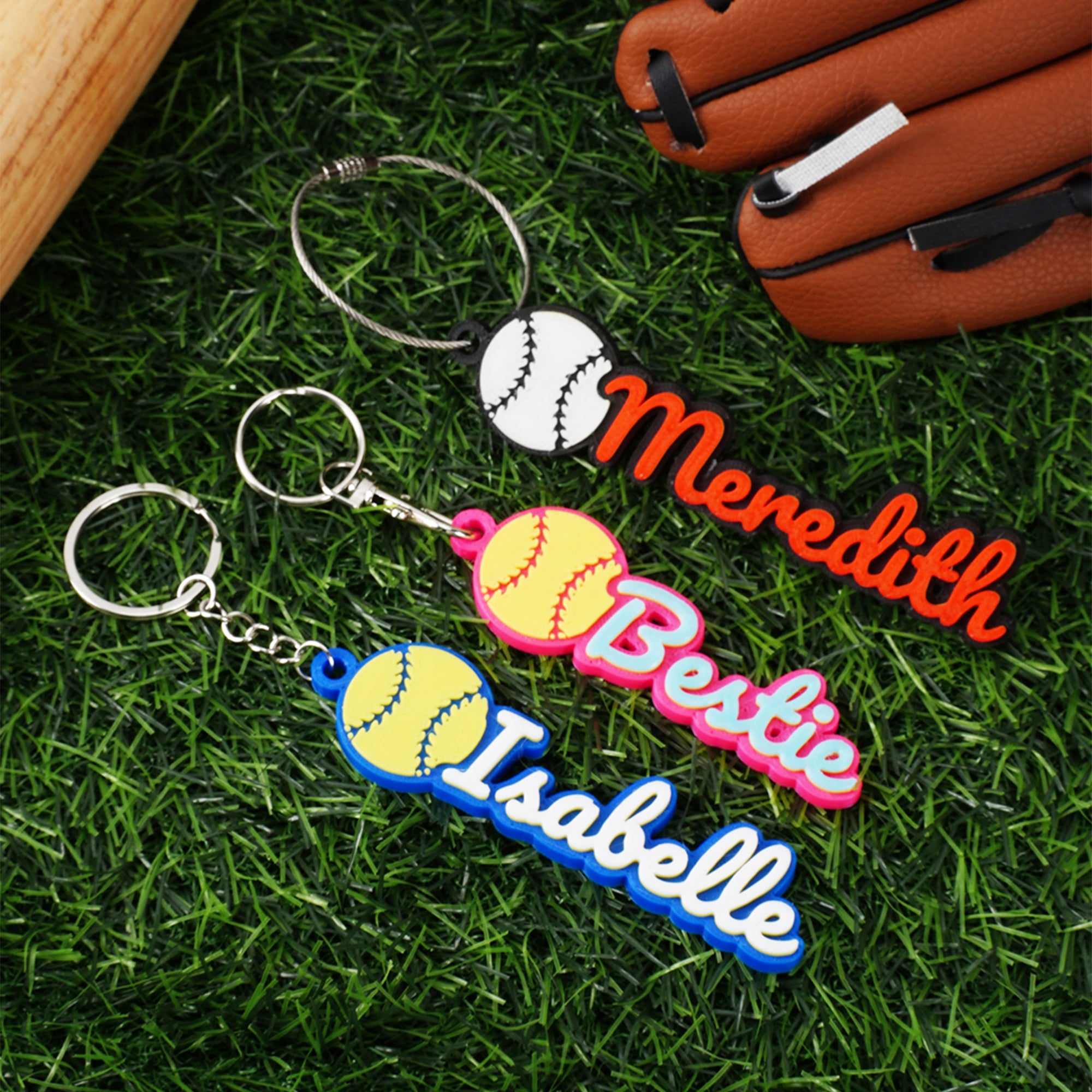 Llavero Personalizado Multicolor de Béisbol Softball Etiqueta de Bolsa con Nombre Día del Juego Regalo de Cumpleaños para Amante del Béisbol Jugador de Softball