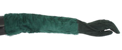 Women's Green Leather Xiangao Fur Elbow Gloves