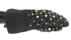 Men's Gray Wool Shearling Studded Green Leopard Gloves Merino