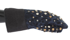 Men's Gray Wool Shearling Studded Blue Leopard Gloves Merino