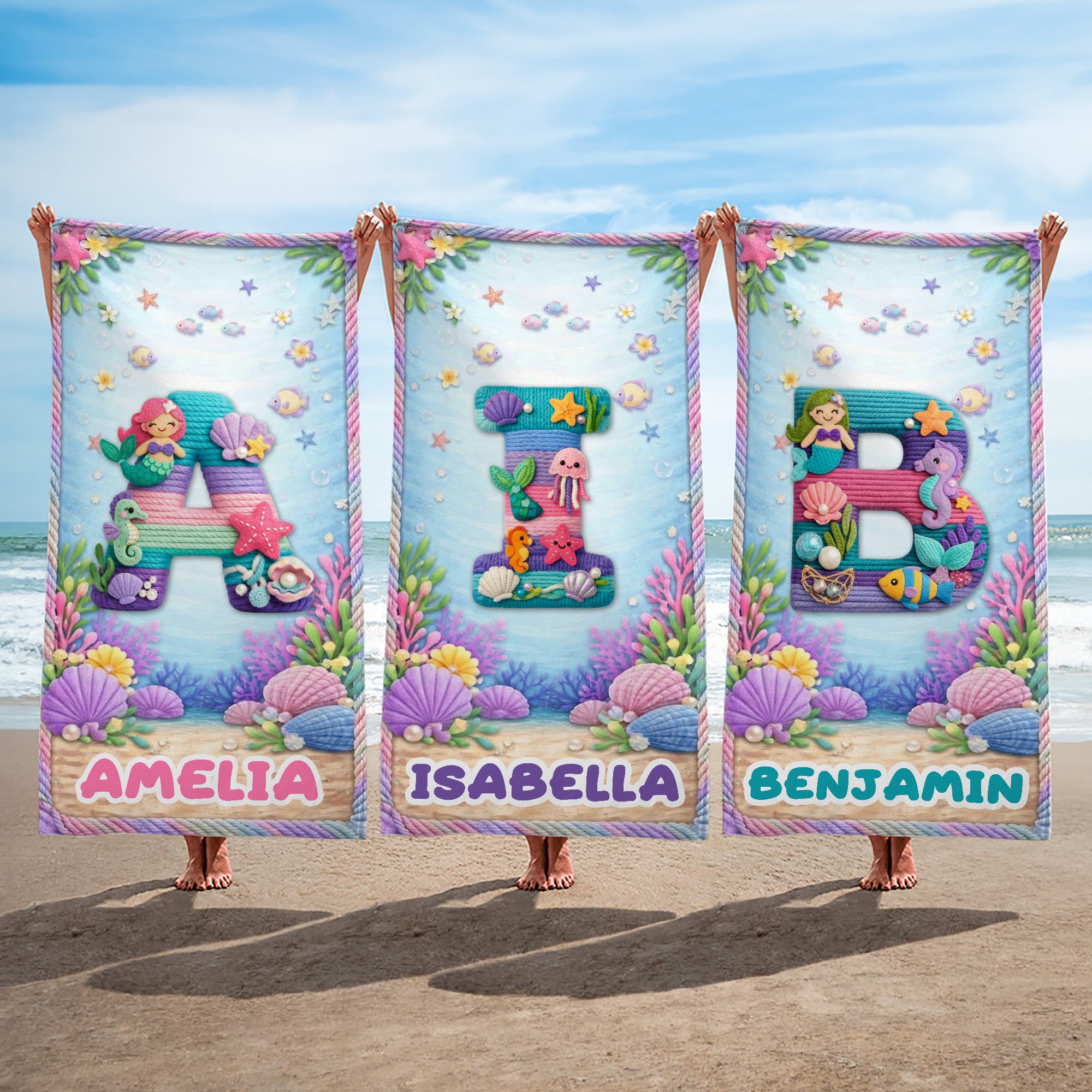 Toalla de playa de microfibra de gran tamaño y secado rápido con iniciales de animales del océano personalizada con nombre Esenciales de viaje Regalo de fiesta en la playa para amigo niño
