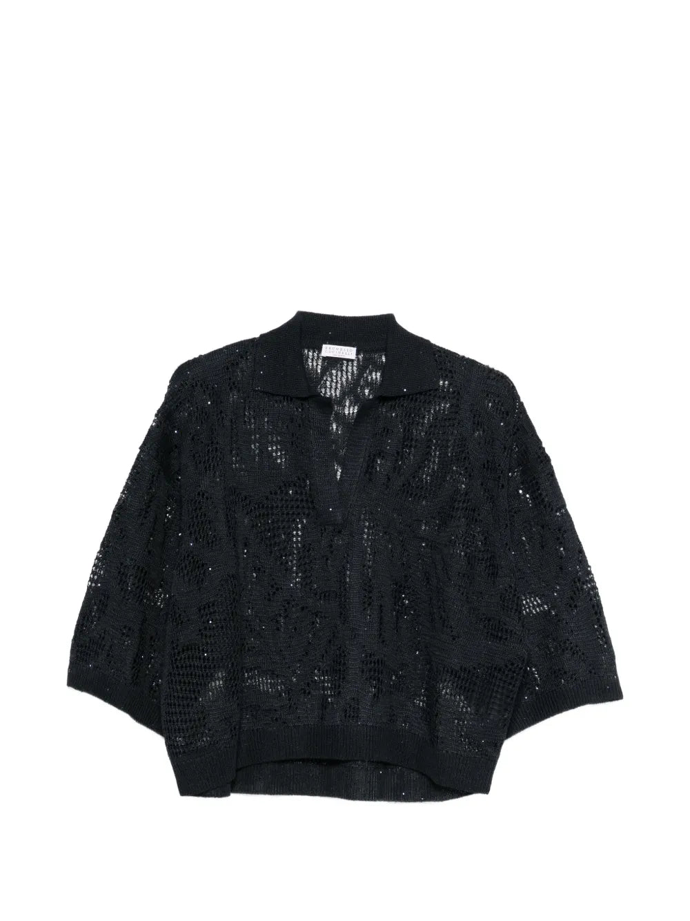 Brunello Cucinelli Open-Knit V-Neck Sweater — Black