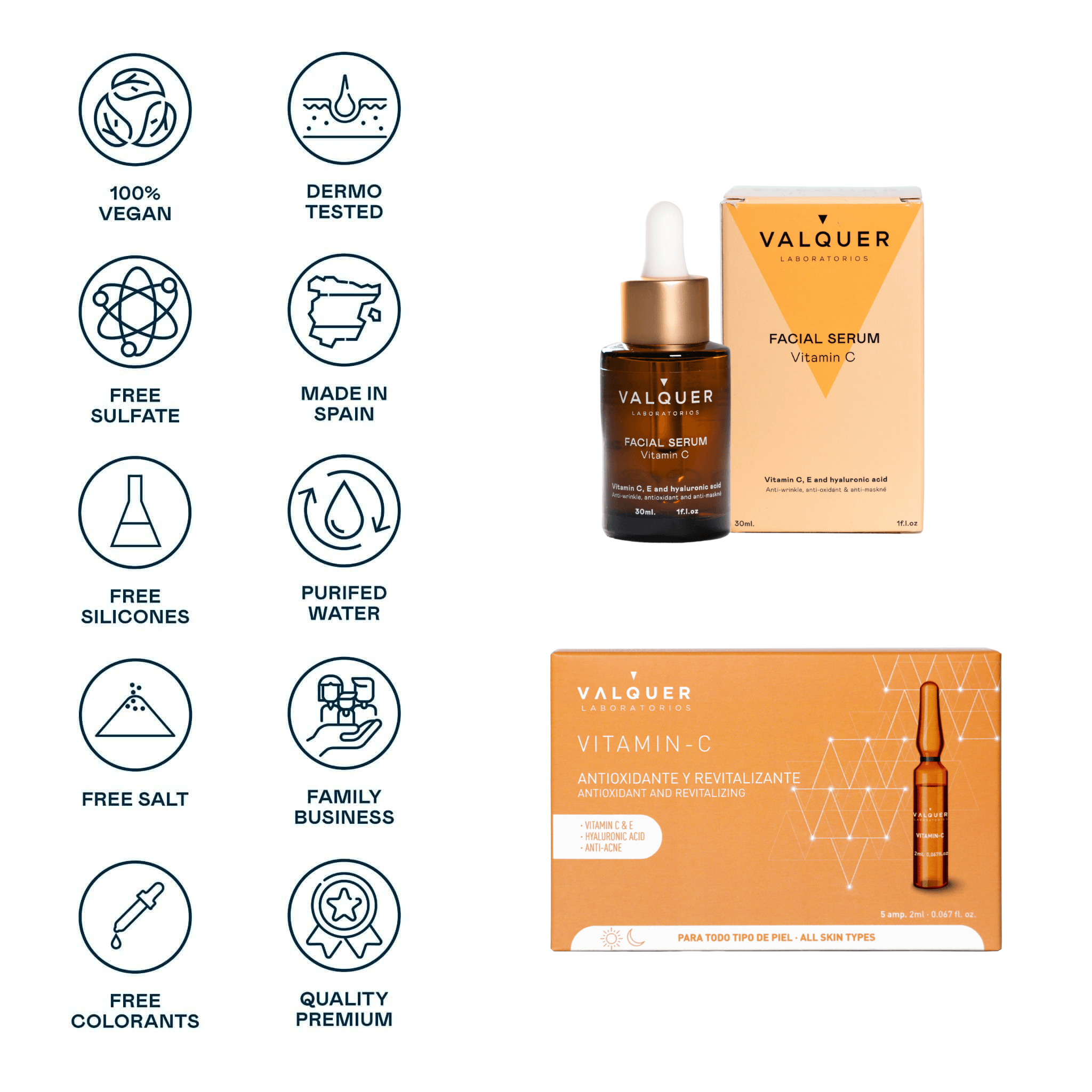 Pack Facial Vitamina C y Ácido Hialurónico - Serum 30 ml y Ampollas 5 x 2 ml