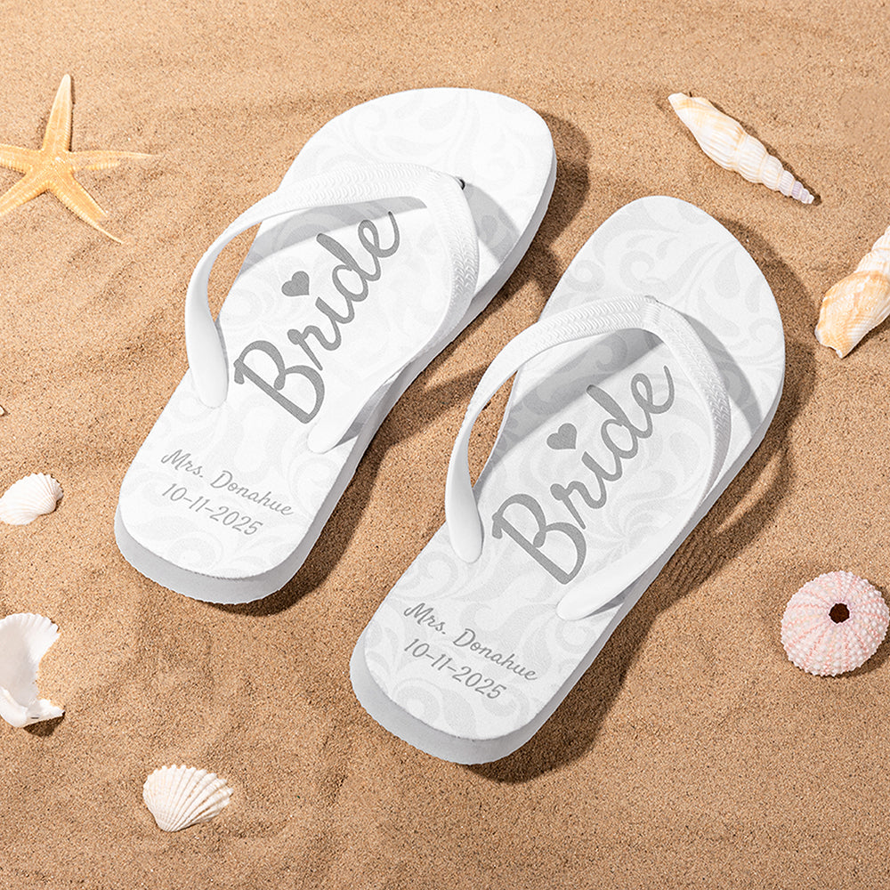 Chanclas de novia personalizadas Love Heart Damask con textos y suela de goma marfil Regalo de boda para luna de miel en la playa