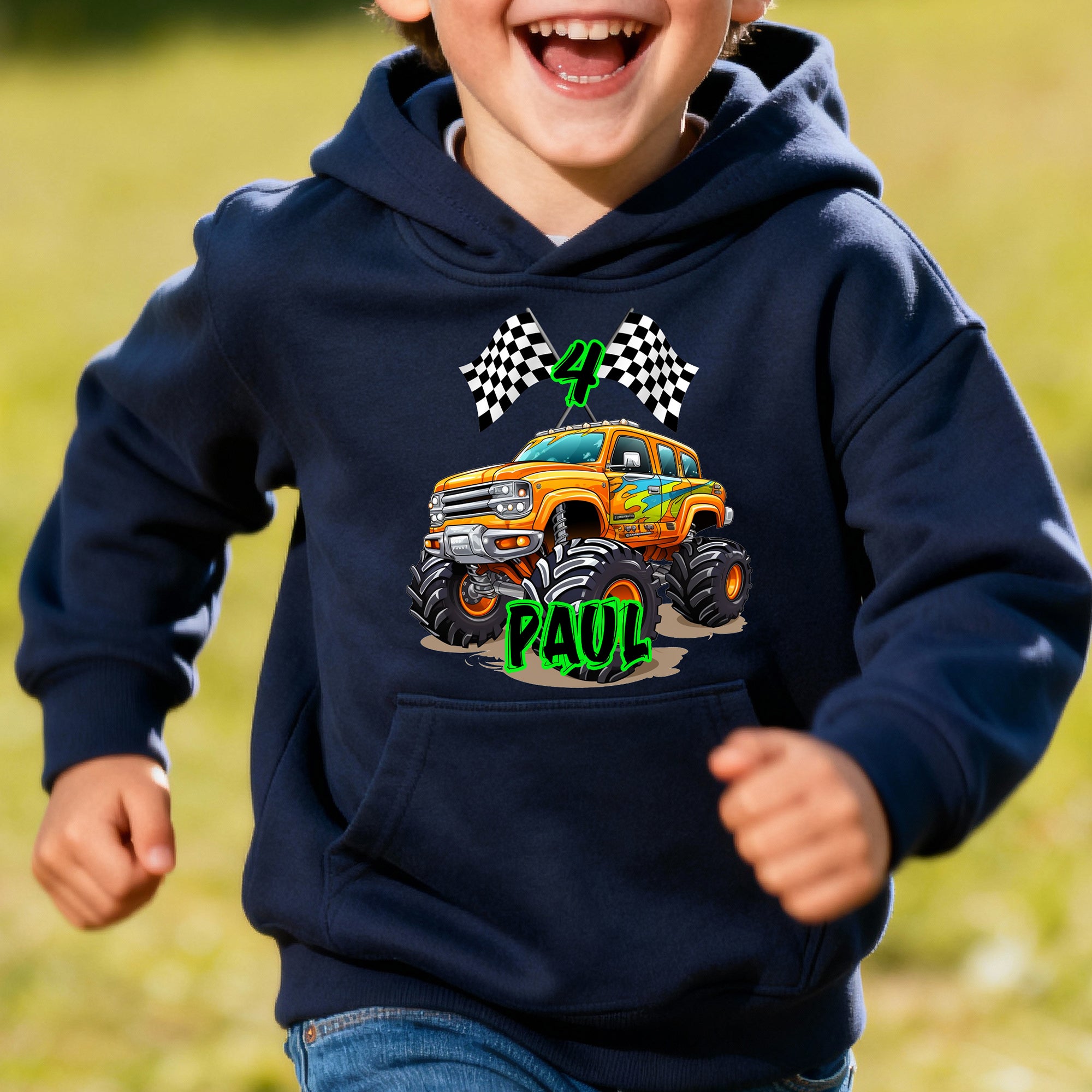 Personalizado Big Wheel Off-Road Truck Multicolor Niño Camiseta Sudadera Sudadera con capucha con la edad y el nombre Cumpleaños Regalo de Navidad para los niños
