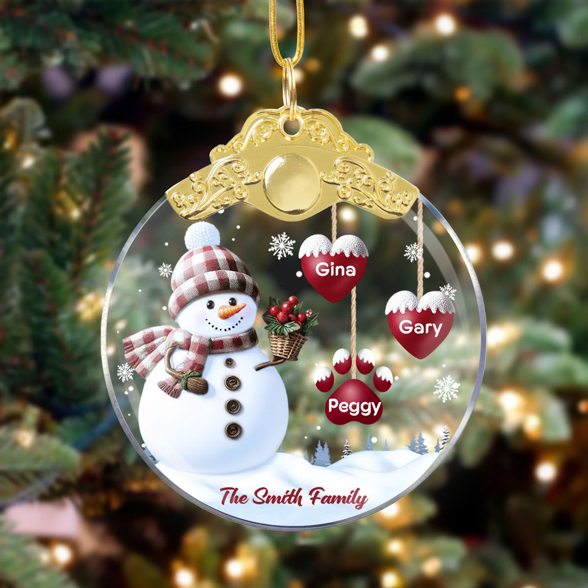 Personalizado 1-14 Paw Prints Corazones Muñeco de nieve Adorno de cristal con nombres y texto Decoración del árbol de Navidad Regalo para la familia Amigos