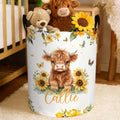 Personalizado lindo girasol Highland vaca impermeable grande de almacenamiento cesta de la ropa con el nombre y el mango de uso diario regalo de cumpleaños para los niños