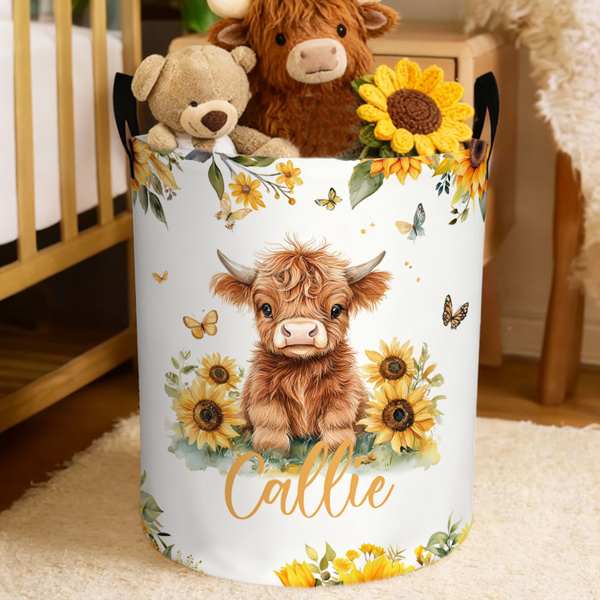 Personalizado lindo girasol Highland vaca impermeable grande de almacenamiento cesta de la ropa con el nombre y el mango de uso diario regalo de cumpleaños para los niños