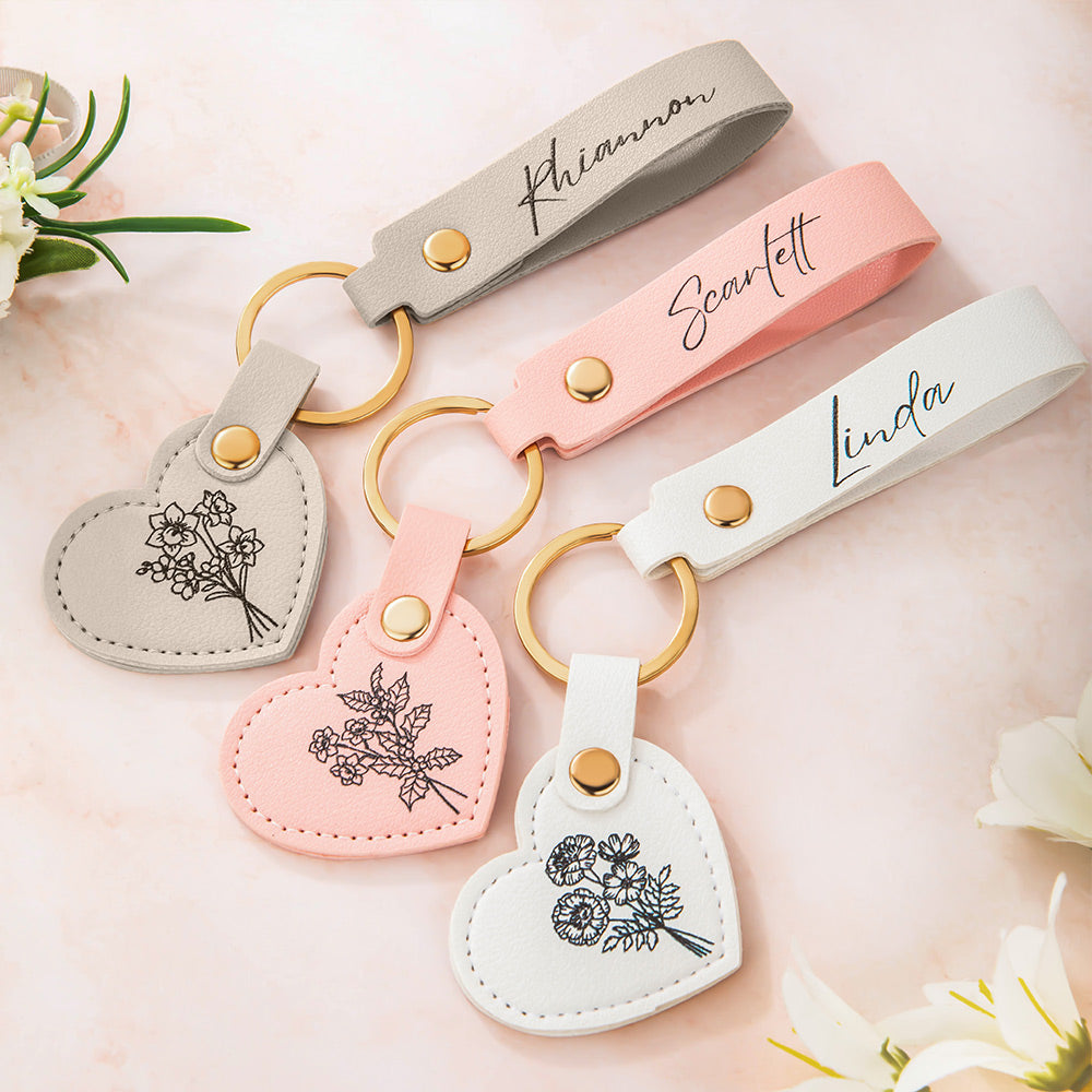 Personalizada Nacimiento Flor Corazón de cuero Nombre Etiqueta Llavero Mochila Accesorios Día de la Madre Cumpleaños Regalo para las mujeres damas de honor