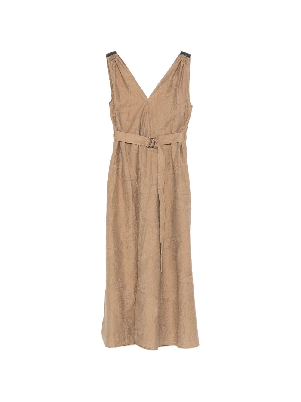 Brunello Cucinelli V-Neck Belted Midi Dress — Beige
