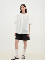 Romantic Line Drawing Pure Cotton Slightly Wrinkled Puff Sleeve Short Top for Women