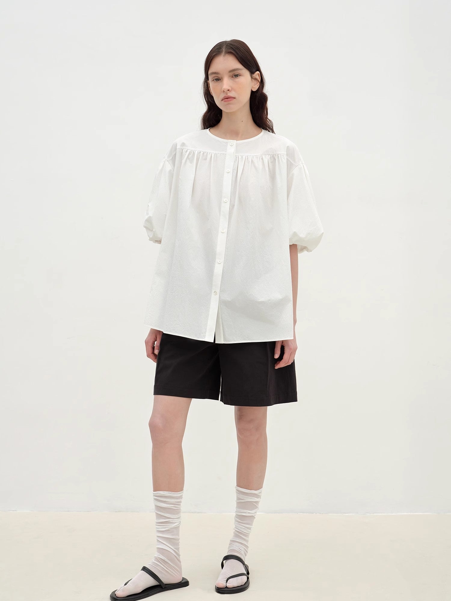 Romantic Line Drawing Pure Cotton Slightly Wrinkled Puff Sleeve Short Top for Women