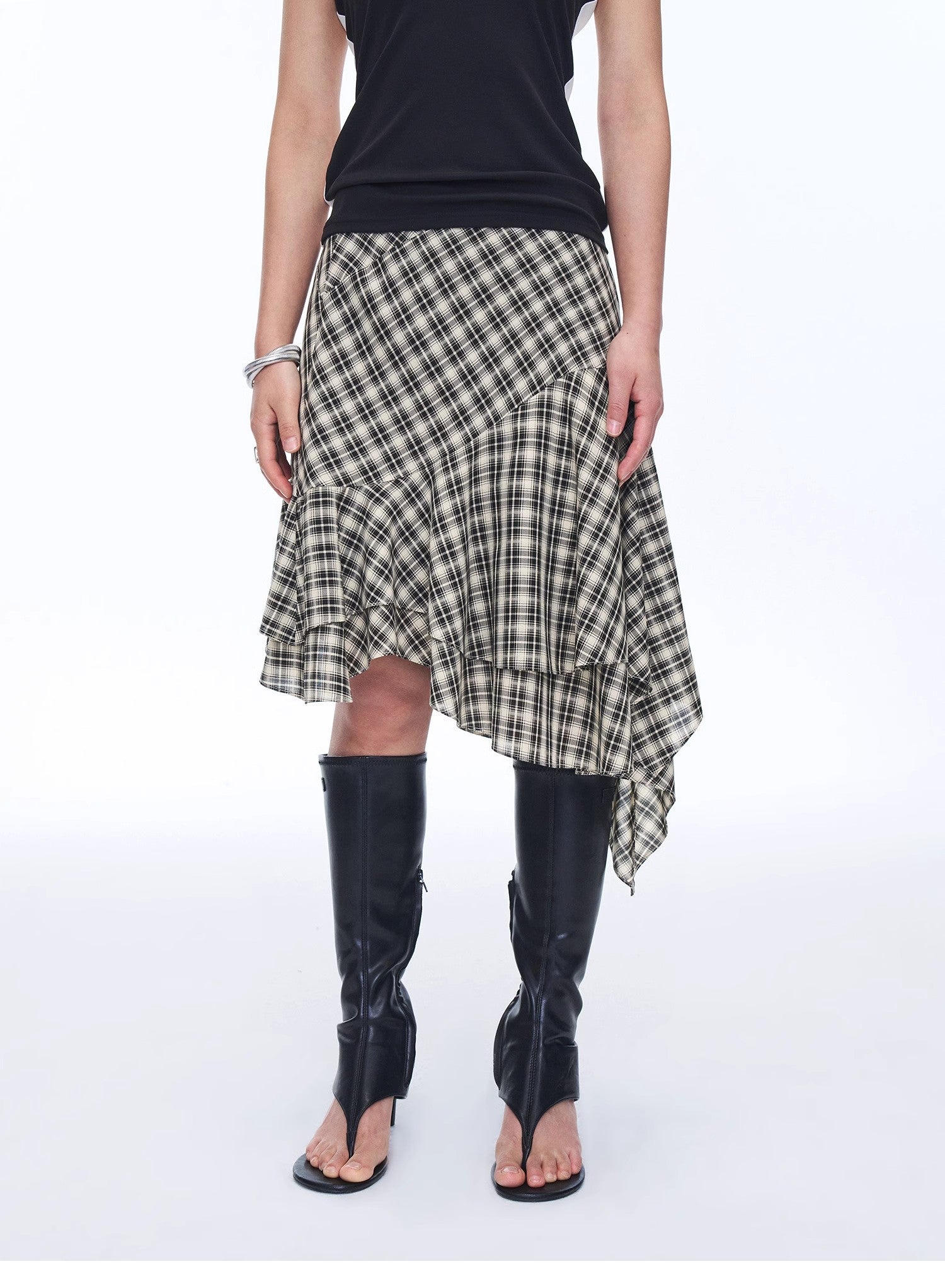 Full-level ballet Tencel acetate plaid irregular A-line skirt