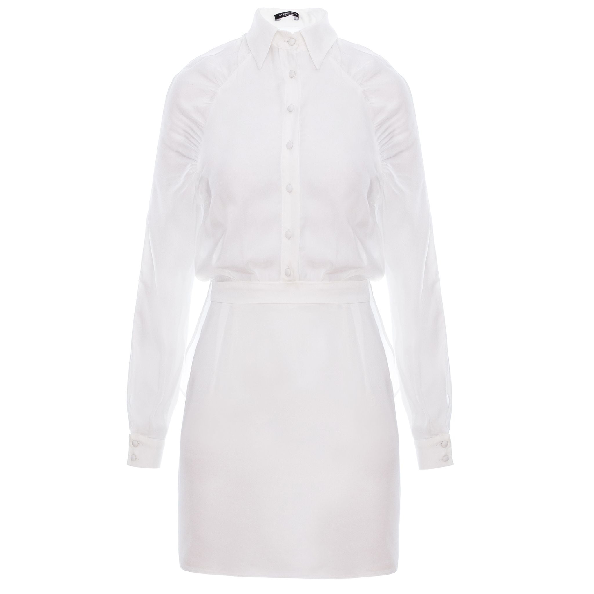Gathered Raglan Sleeve Viscose Mini Shirt Dress - White