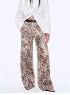 Slow Paris Vintage Print Linen Blend Cut Scimitar Wide Leg Casual Pants