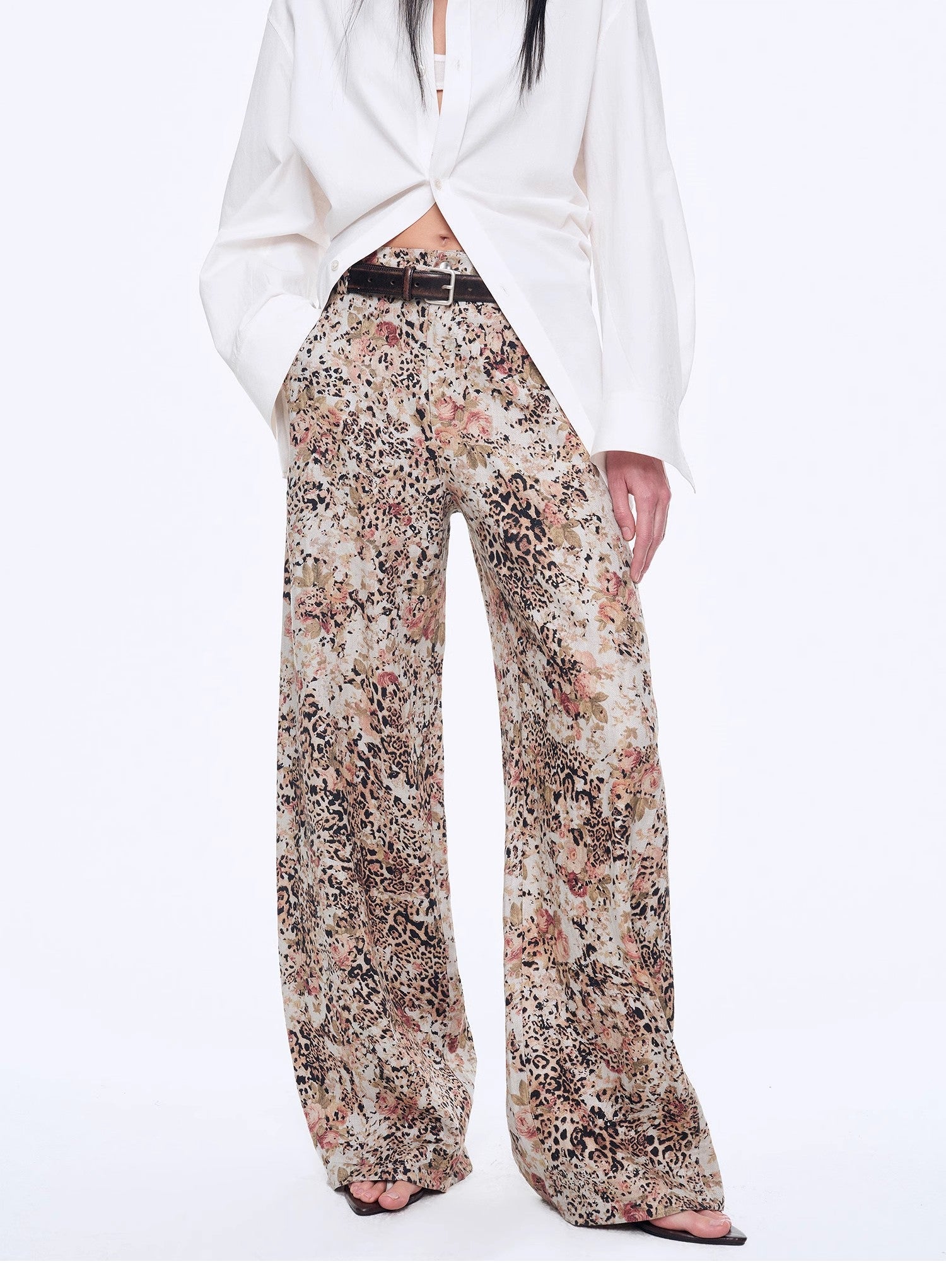Slow Paris Vintage Print Linen Blend Cut Scimitar Wide Leg Casual Pants