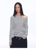Picasso Lines fashionable off-shoulder Lyocell Tencel wool blended draped patchwork striped T-shirt