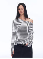 Picasso Lines fashionable off-shoulder Lyocell Tencel wool blended draped patchwork striped T-shirt