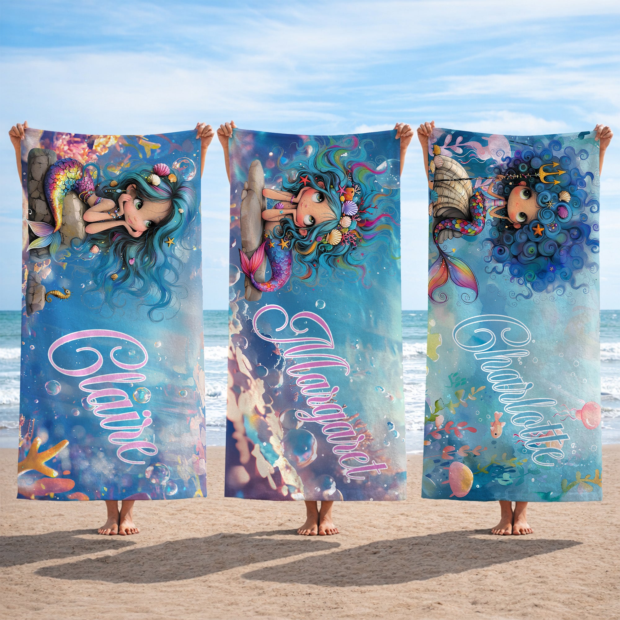 Toalla de playa personalizada de sirena de dibujos animados de secado rápido con nombre Esenciales de viaje Fiesta en la playa Regalo de cumpleaños para niñas Entusiastas del tema oceánico