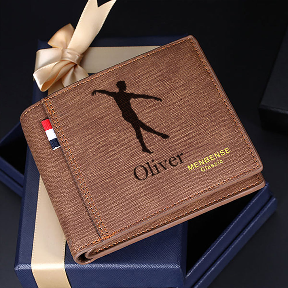 Personalizada Silueta de bailarín de ballet masculino Billetera de cuero para hombre con nombre grabado y múltiples ranuras para tarjetas Cumpleaños Aniversario Regalo para hombres