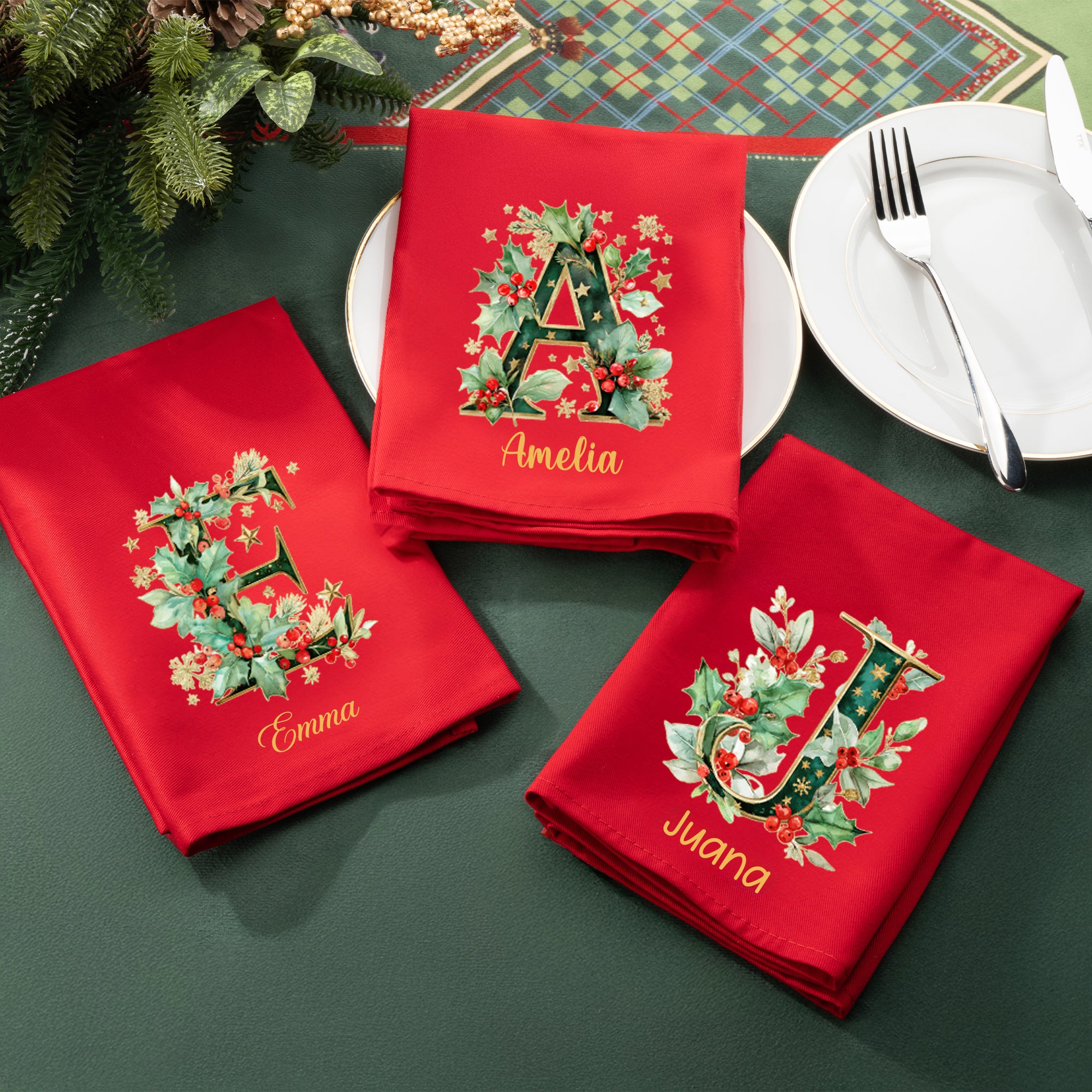 Servilleta roja personalizada de 100% algodón con inicial de acebo y nombre decoración de mesa regalo de Navidad para familia y amigos