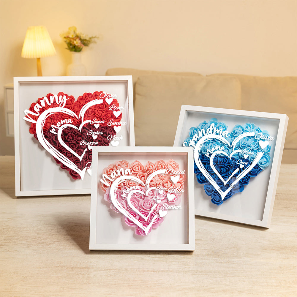 Caja de sombra personalizada con flores de papel en forma de corazón con 1-12 nombres y título Día de la Madre Cumpleaños Regalo para Mamá Abuela