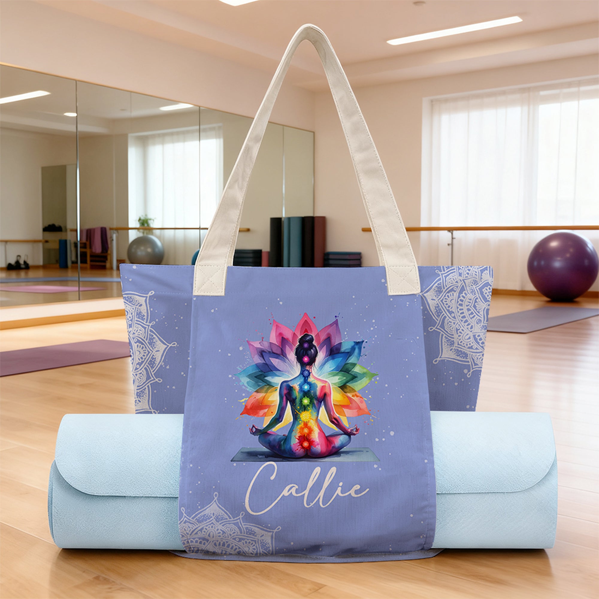 Bolsa para esterilla de yoga con nombre personalizada Loto acuarela multicolor Gran capacidad Accesorio de yoga Regalo de cumpleaños Navidad para los amantes del yoga