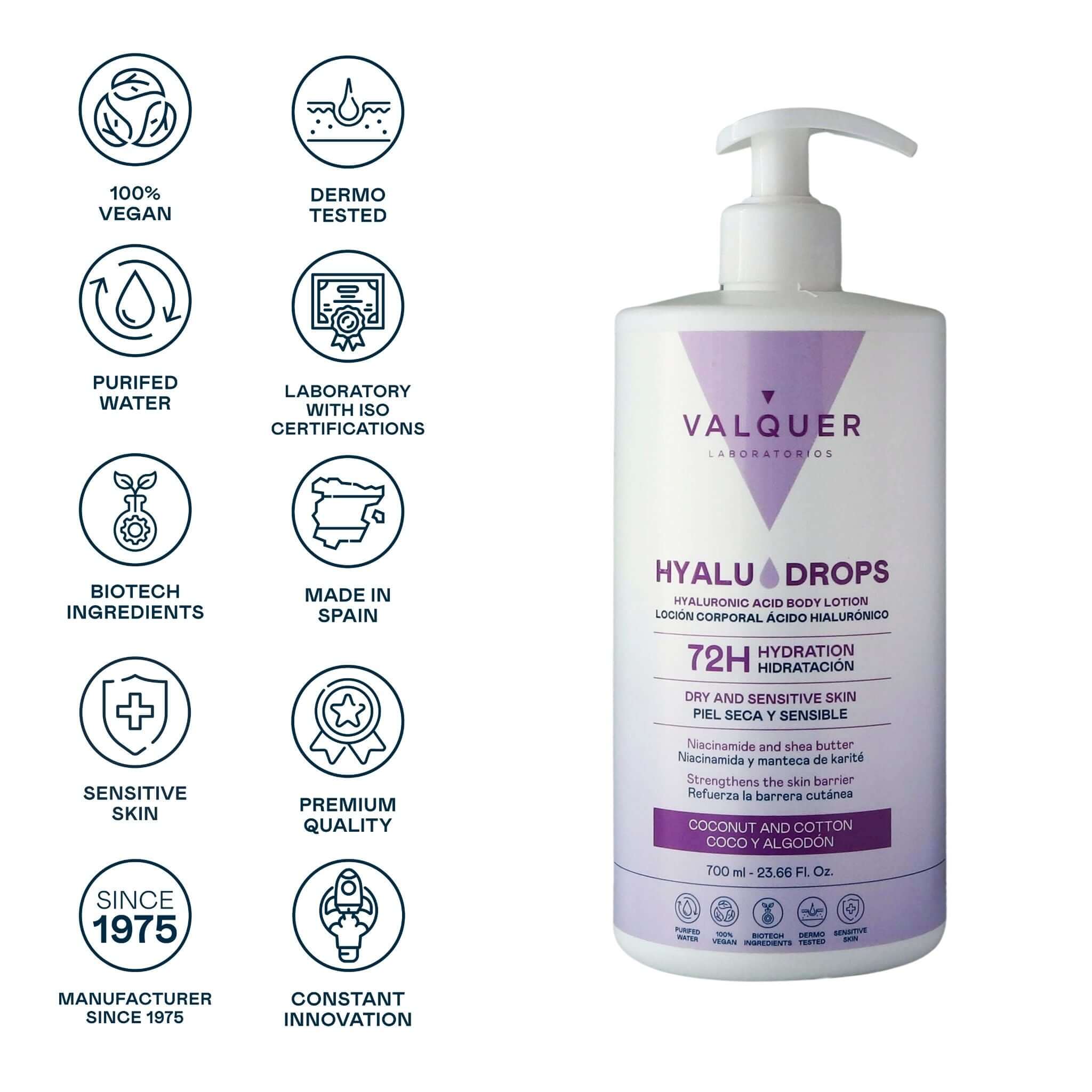Hyaludrops Loción Corporal Coco y Algodón – Hidratación 72H - 700 ml