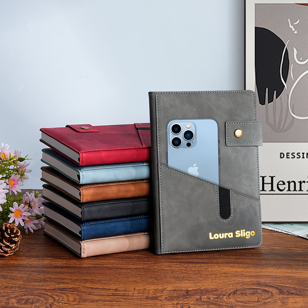 Libreta de cuero A5 personalizada con nombre en papel metalizado dorado, páginas rayadas y cierre Diario Graduación Cumpleaños Regalo para la familia Amigos