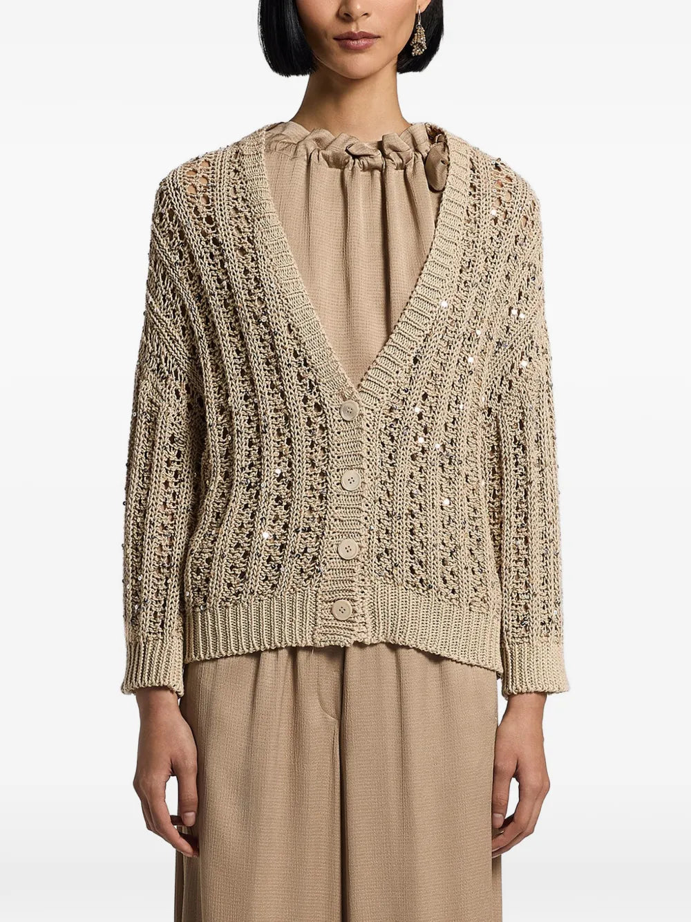 Peserico Openwork Cotton Knit Cardigan — Beige