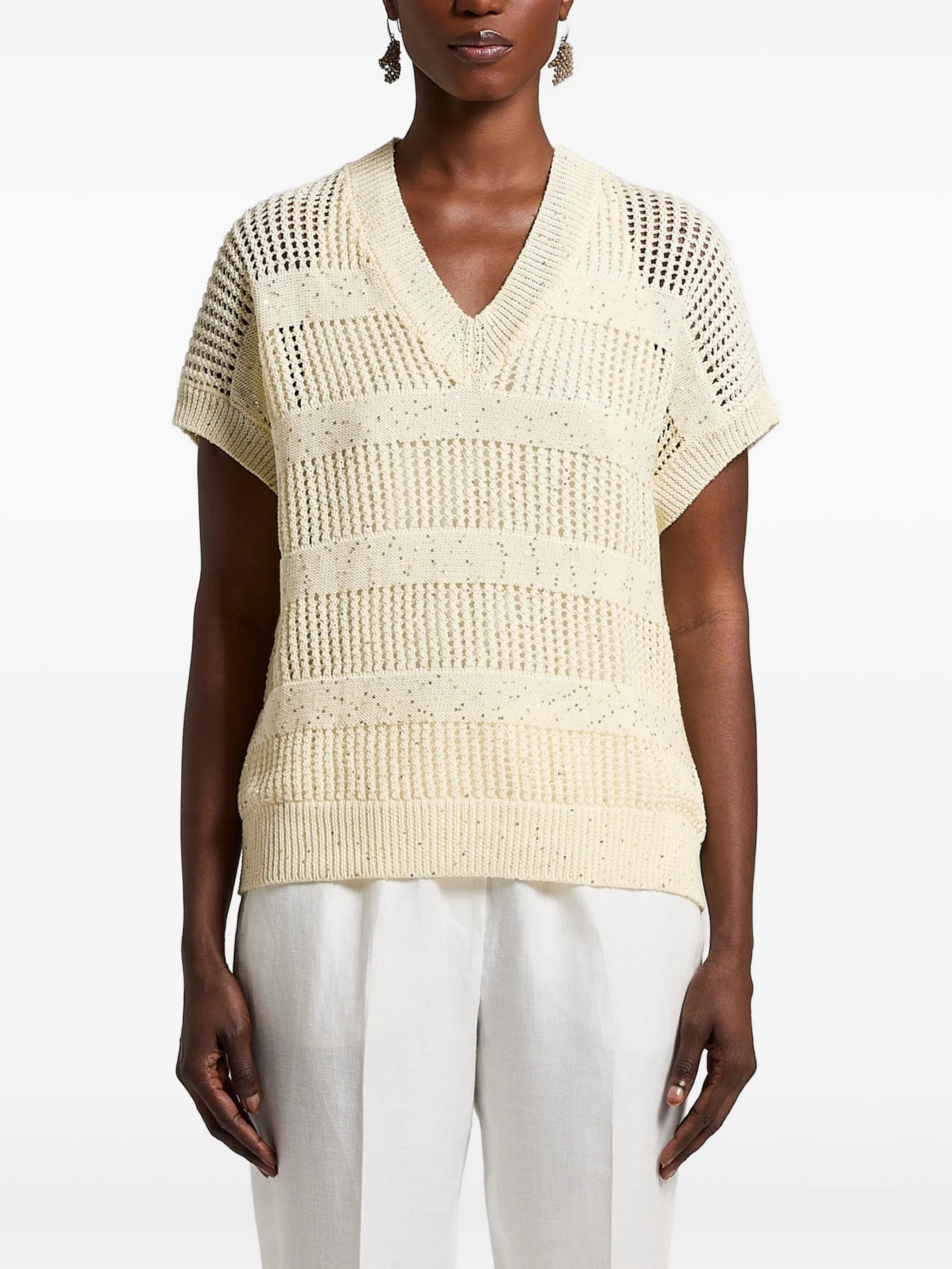 Peserico Open-Knit V-Neck Sweater — Cream