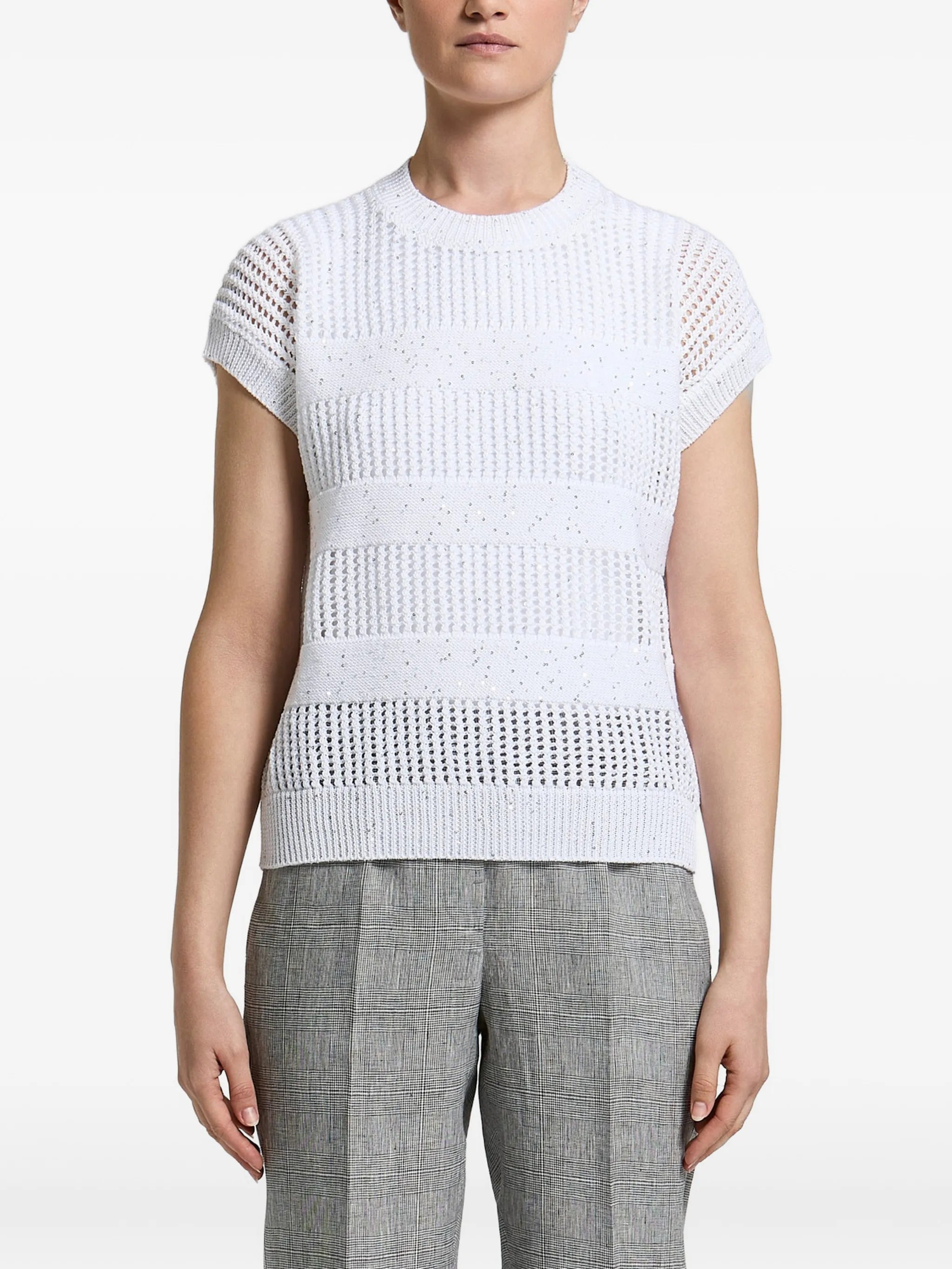 Peserico Sequin-Embellished Open-Knit Sweater — White