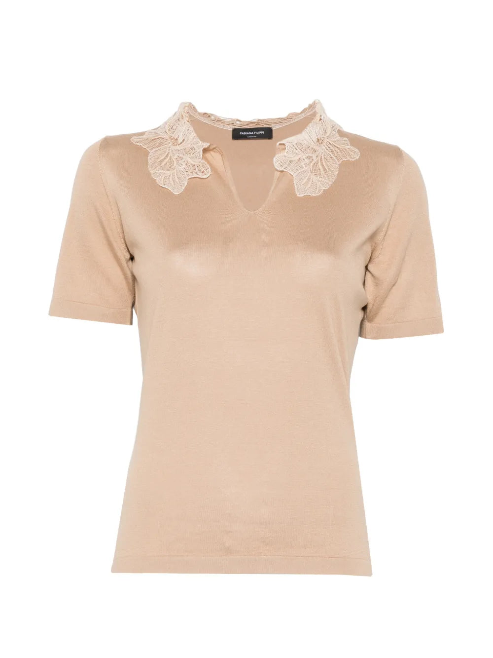 Fabiana Filippi Lace-Detail V-Neck T-Shirt — beige