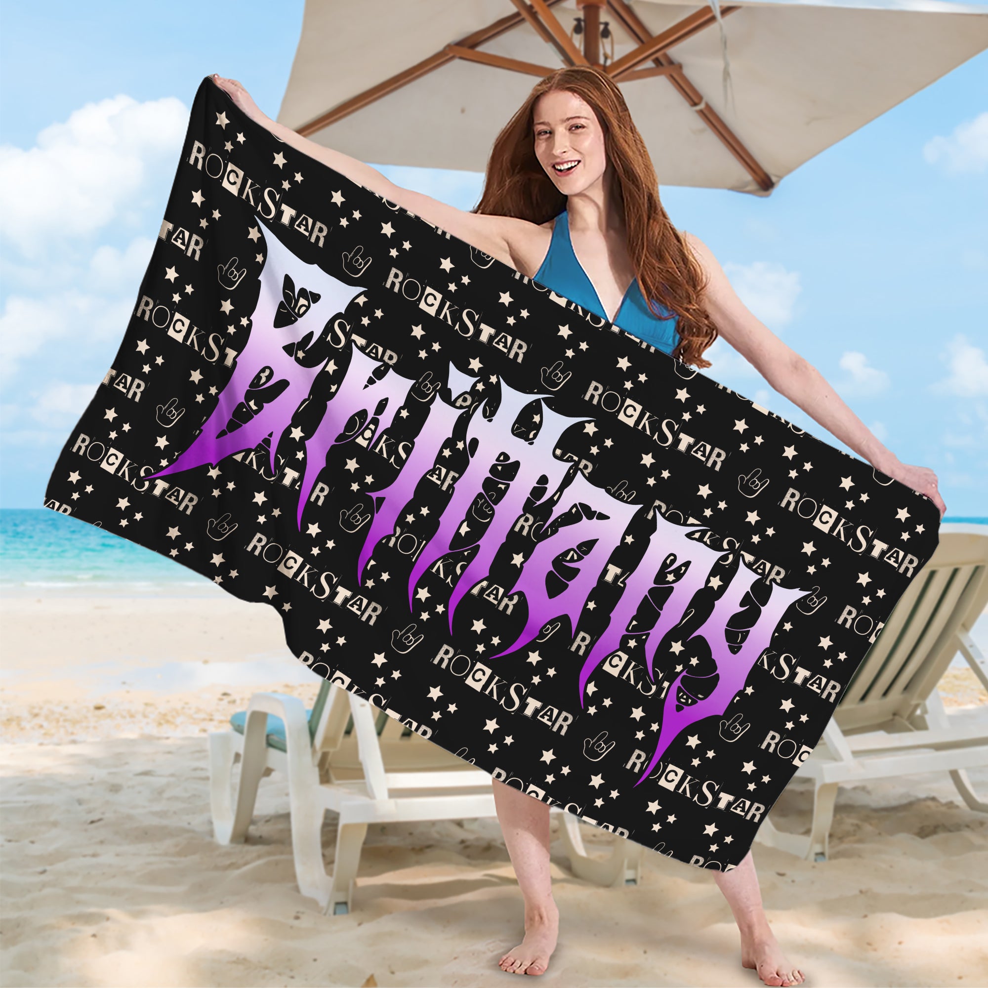 Toalla de playa de gran tamaño, de secado rápido, con nombre, personalizada, con diseño de metal pesado, esencial para viajes, para fiestas en la playa, regalo de cumpleaños para los amantes del punk