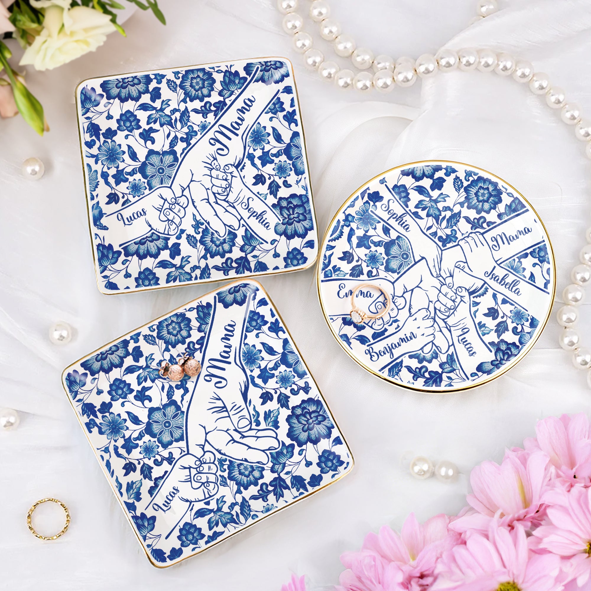 Personalizado Chinoiserie Flor Manos en Manos Plato de cerámica baratija joyería con 1-10 nombres Día de la Madre Cumpleaños Regalo para mamá abuela