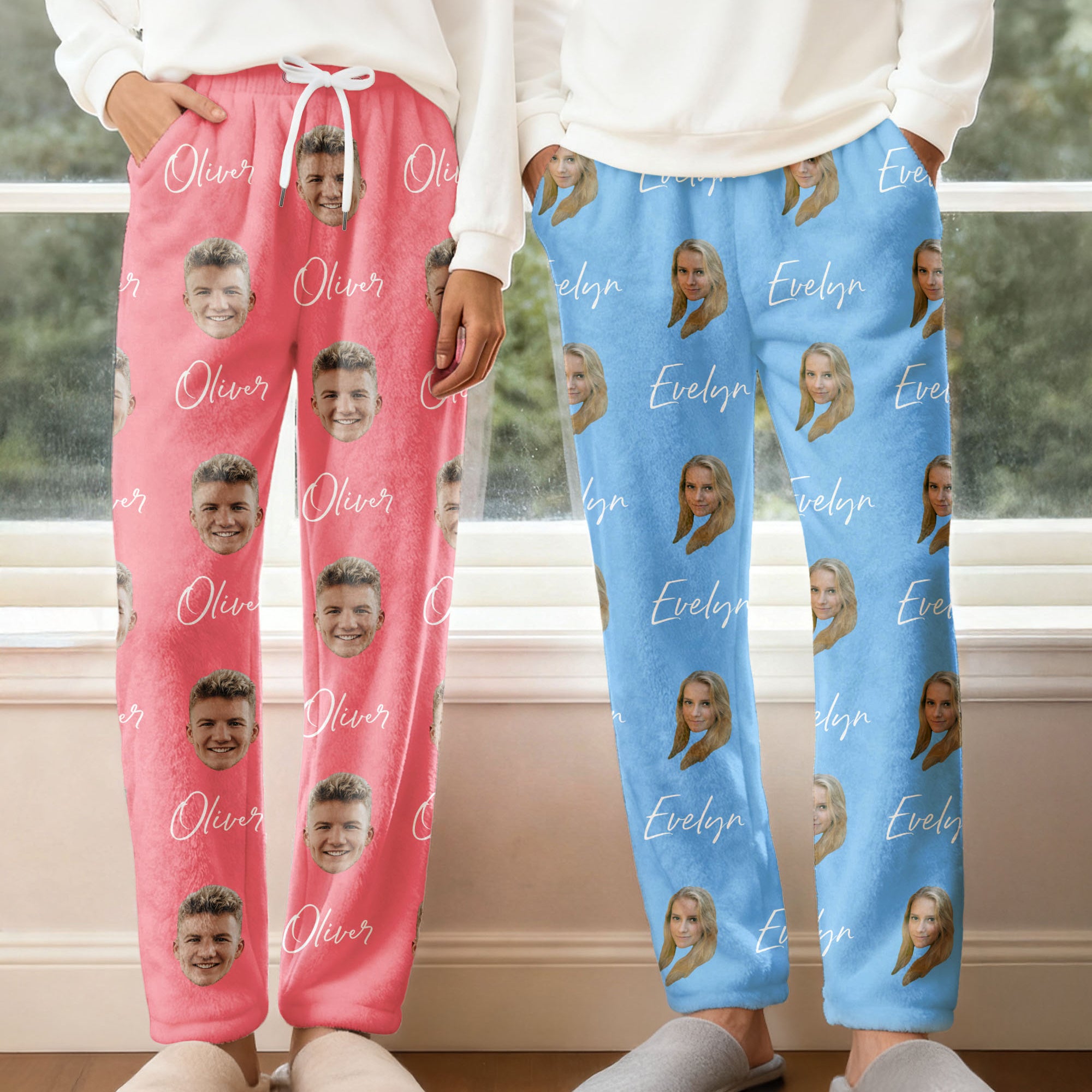 Personalizado 1-3 Fotos de la cara Pantalones de franela suave para la piel del pijama con el nombre y la cintura con cordón Uso diario Regalo de cumpleaños para los amigos de la familia