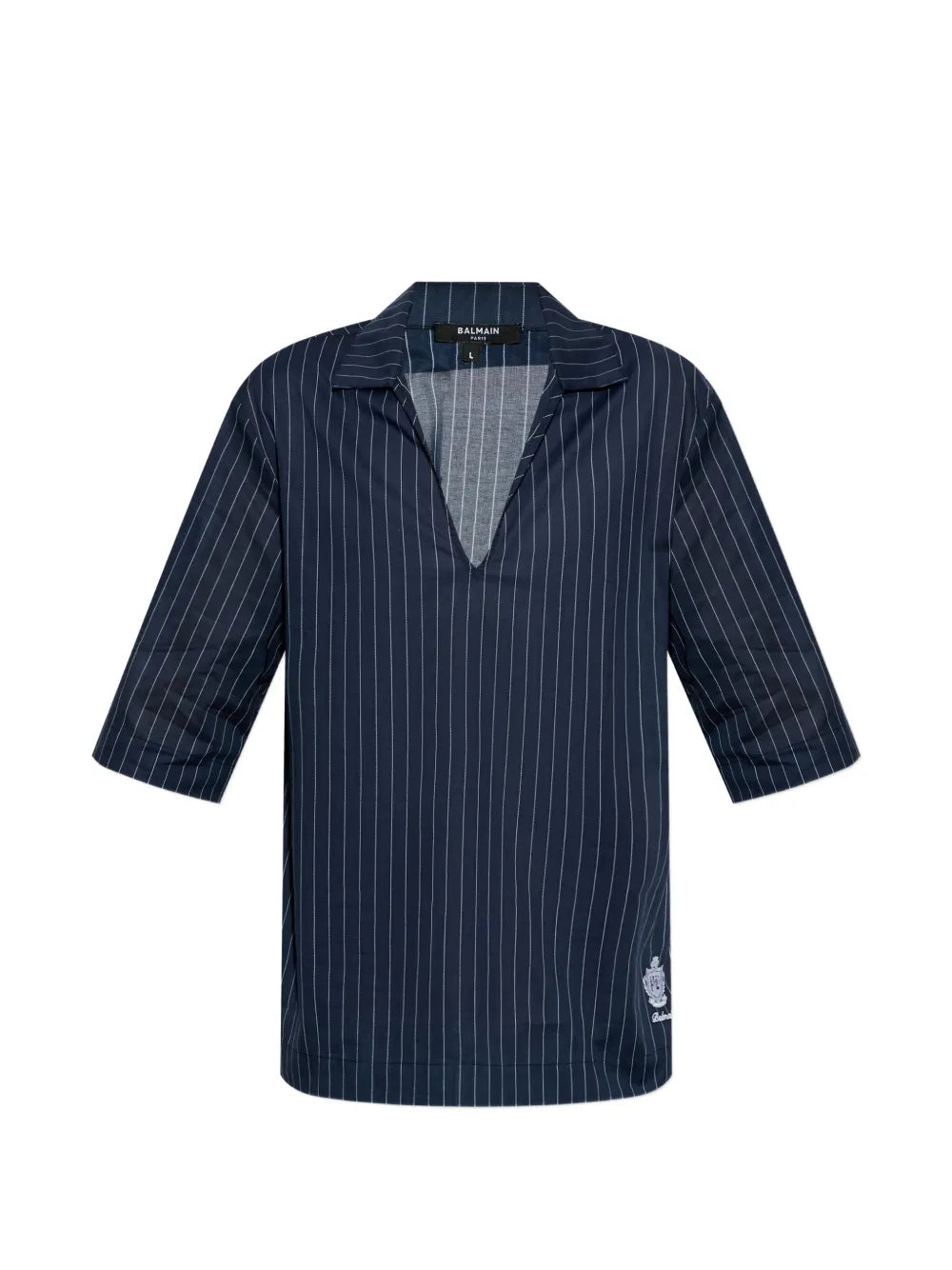 Balmain Pinstripe V-Neck Cotton T-Shirt — Navy