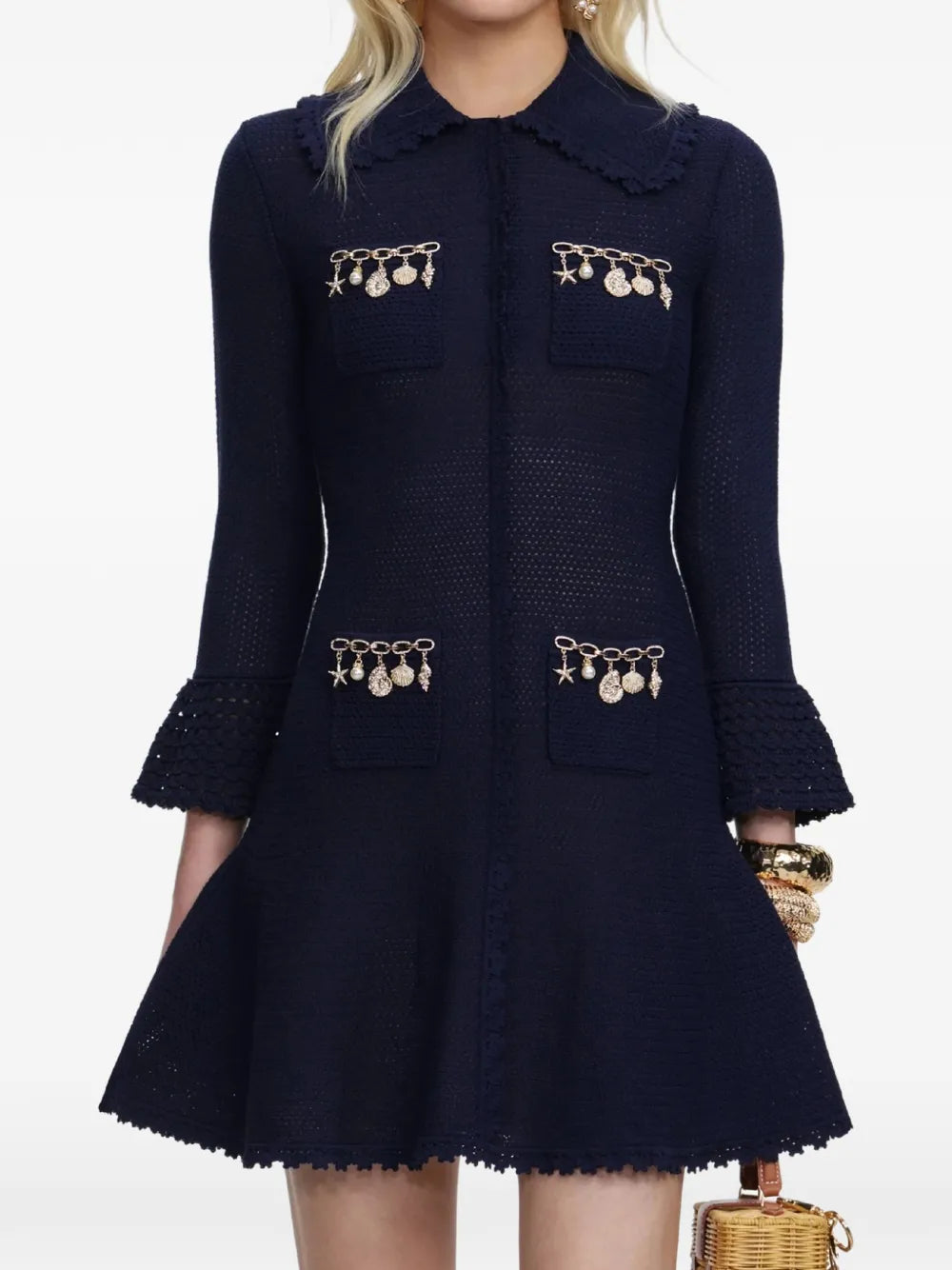 Self-Portrait Shell-Embellished Knit Dress — Navy