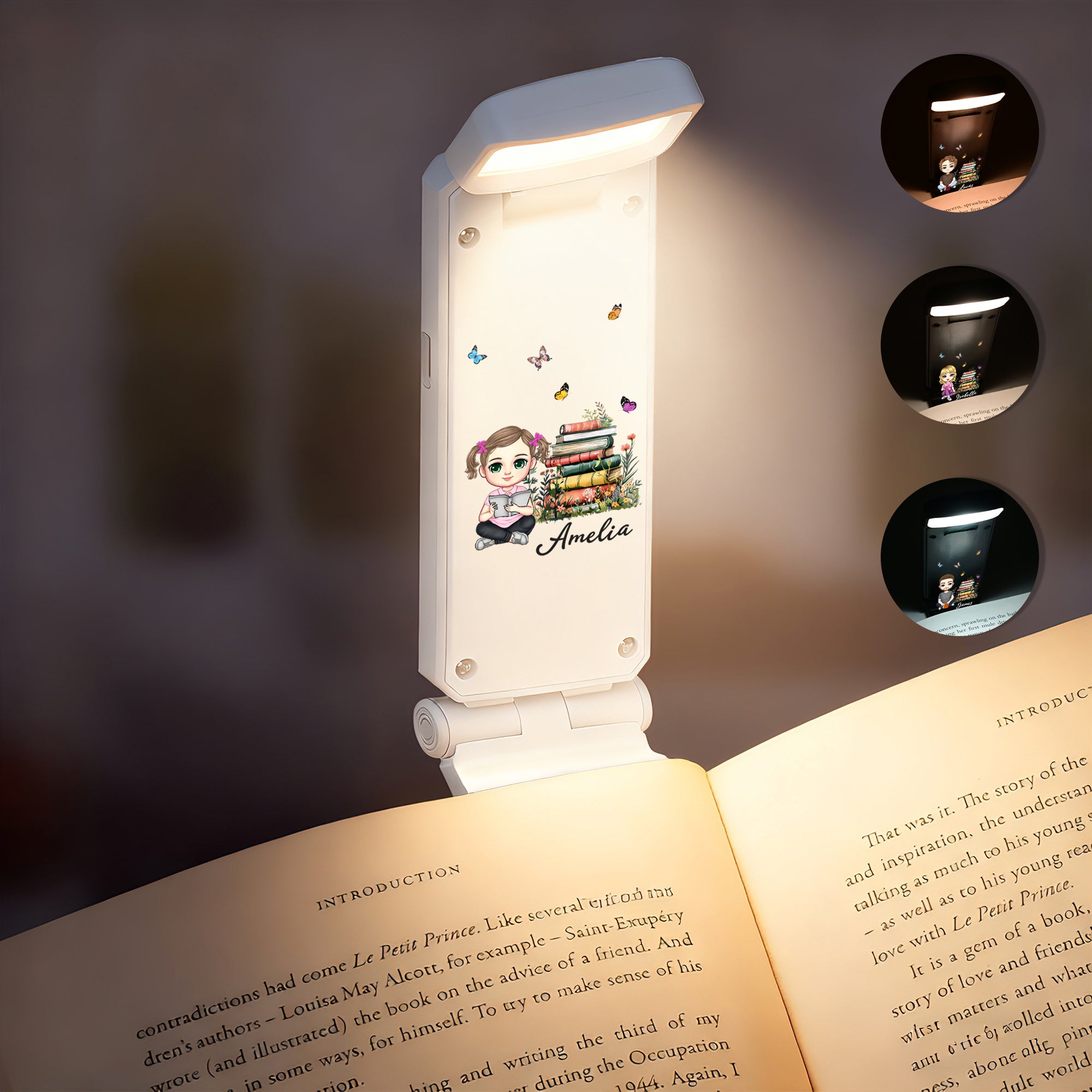 Personaje de lectura de dibujos animados personalizado Lámpara de lectura LED con pinza recargable ajustable y giratoria con nombre Regalo de cumpleaños para los amantes de los libros Ratones de bibli